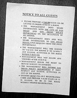 Picture of a Notice to Guests sign posted at a motel. The sign details the rules of the motel as they pertain to guests.
