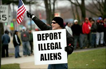 A local resident protests at a day laborer site