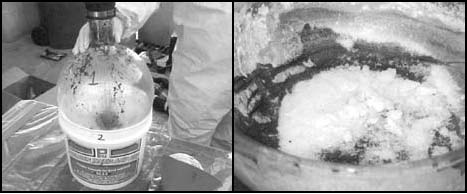 A variety of chemicals such as red phosphorous, seen here on the left, can be used to produce the methamphetamine, seen here on the right.