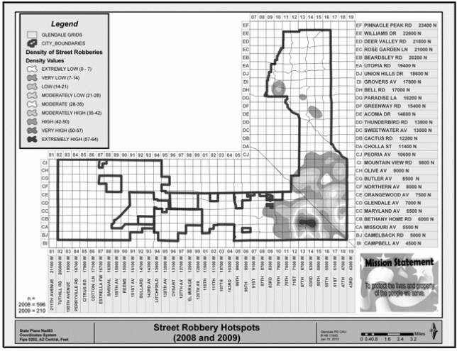 Street robberies are often concentrated in specific areas, as shown here. Hot spot maps are useful for defining a specific robbery problem.